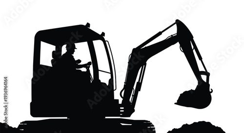 A stark black silhouette depicts an excavator with an operator inside showcasing heavy machinery construction work silhouette high quality