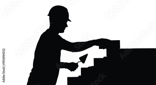 A stark black silhouette depicts a construction worker applying mortar to bricks showcasing a traditional trade silhouette high quality
