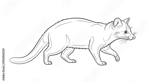 Civet cat in Silhouette: A sleek civet cat walks gracefully, a simple line drawing highlighting its elegant form and the essence of its wild nature.