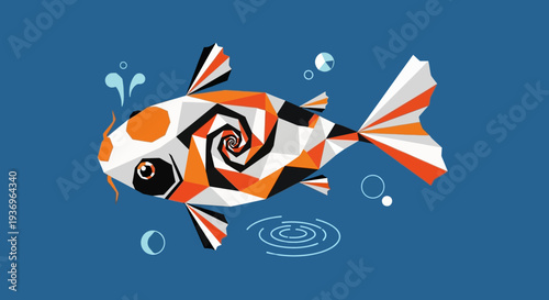 Geometric Koi Fish with Swirl Pattern, Origami Style, Blue Background