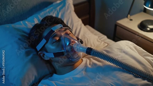 Person sleeping with a sleep apnea machine. CPAP Machine.