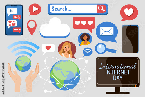Internet Day set featuring a globe, a phone, and other devices and icons. Flat illustration.
