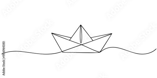 Paper boat continuous one line drawing, One continuous line drawing of paper boat. Origami ship concept for success leadership of business in simple linear style. Line art outline vector illustration