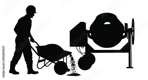 A construction worker pushing a wheelbarrow near a cement mixer depicted in a stark black silhouette high quality professional