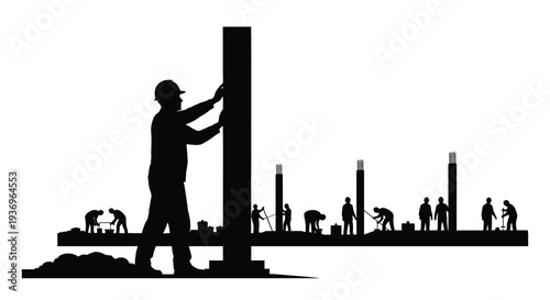 A striking black silhouette depicts construction workers on a building site showcasing teamwork and urban development silhouette high quality