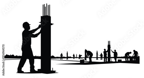 Construction workers are shown in a striking black and white image focusing on the physical labor and teamwork silhouette