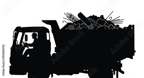 A dark silhouette depicts a construction dump truck filled with rubble and a worker nearby showcasing heavy machinery silhouette