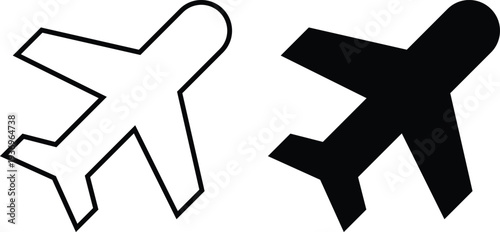 Airplane Icon Set in Outline and Solid Style – Simple Aircraft Flight Symbol Vector Illustration