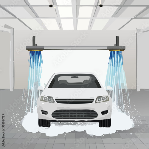 White car washed under overhead sprays in illustration