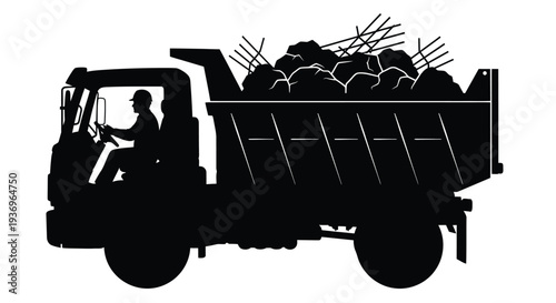 A black silhouette depicts a dump truck filled with rocks and a driver operating the vehicle showcasing industrial work silhouette
