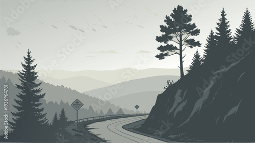 Scenic Mountain Road Illustration with Pine Tree Silhouettes and Misty Forest Background