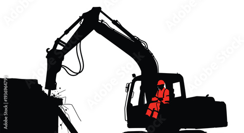 A powerful excavator demolishes a concrete structure showcasing heavy machinery and operator safety presented as a silhouette high quality
