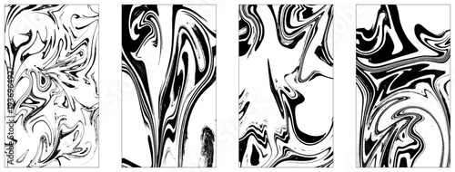 Set Ink texture of 4 watercolor hand drawn artistic marbling invitation, traditional Turkish ebru illustration. Stone or rock bundle, collection.