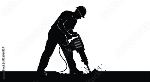 A construction worker operates a jackhammer against a white background displaying a striking dark silhouette high quality professional detailed