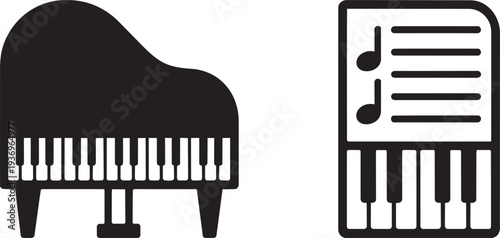 Grand piano with a music sheet and keyboard icon, illustrating musical creativity.