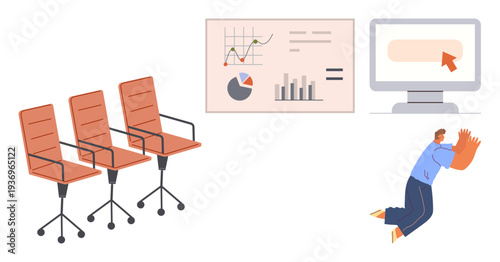 Workplace frustration, remote work, productivity issues, burnout, corporate analytics, office setup. Office chairs, graphs and a person in frustration. Workplace frustration and productivity issues
