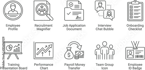 Collection of human resources and recruitment process line icons for business management.