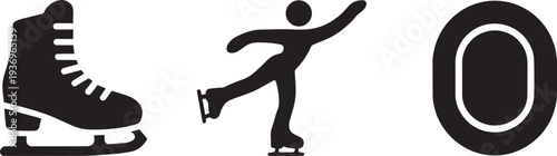 Ice skating sport equipment icons with skate figure skater and puck vector flat illustration