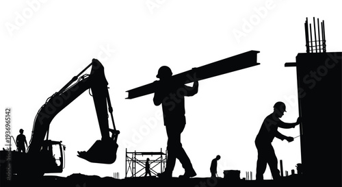 Construction workers and heavy machinery are depicted in a stark dramatic black silhouette high quality professional detailed modern elegant