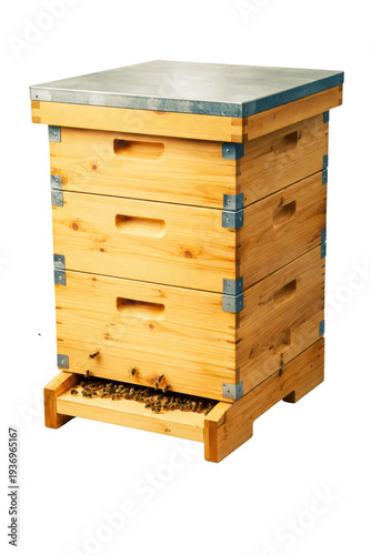 фотографія wooden beehive with a metal roof, showing multiple layers and a landing board with several bees buzzing around, set against a clean white background