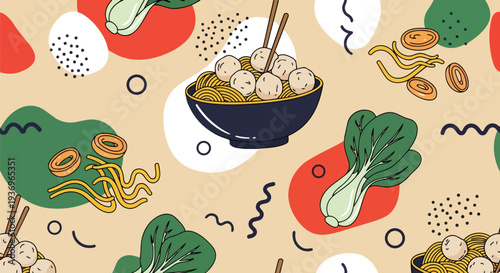 Decorative Mie Ayam and Bakso Texture: Abstract Geometric Pattern with Asian Noodle Icons