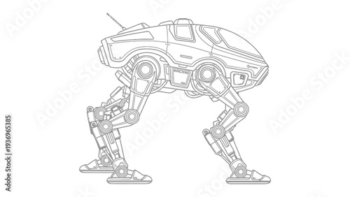 Futuristic Walker Illustration: A sleek, bipedal walker, rendered in monochrome lines, embodies advanced technology and mechanical innovation.