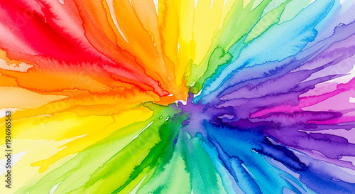 Radiant watercolor painting with strokes of red, orange, yellow, green, blue, and purple emanating from a central point, symbolic of spectrum.