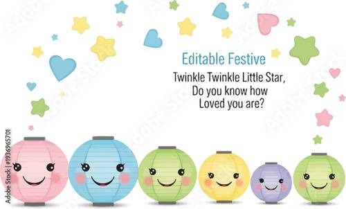 A colorful illustration of smiling paper lanterns surrounded by stars and hearts with a festive Twinkle Twinkle Little Star message