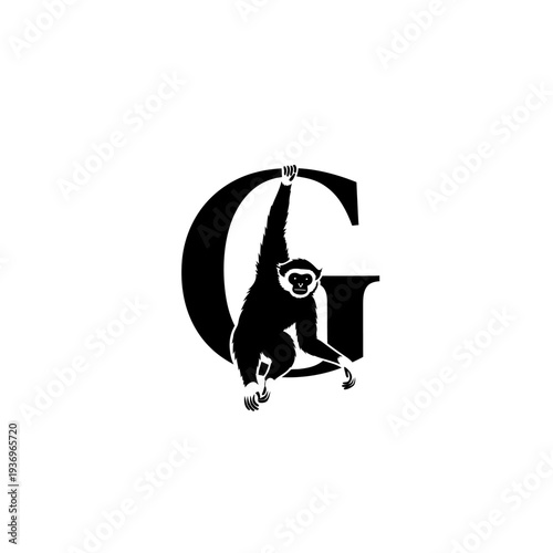 Black and white silhouette of a gibbon hanging from letter g against white background