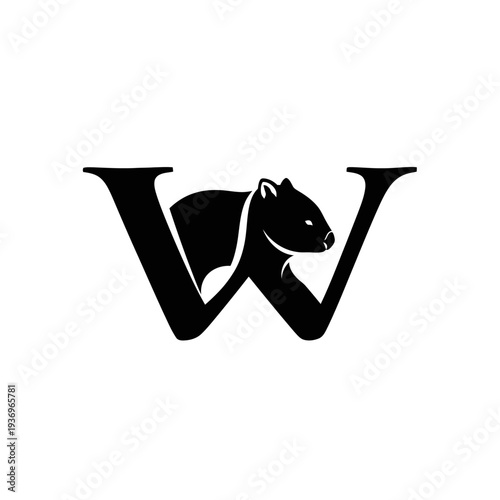 Black and white wombat silhouette inside letter w isolated logo design