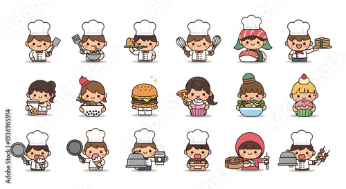 Cute Chibi Chef and Foodie Character Set, Kawaii Baker and Cook Illustrations with Various Food Icons for Restaurant Menu and Sticker Design