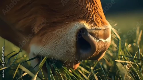 Macro Cow Muzzle Chewing Fresh Grass in Ultra Slow Motion Pasture Scene