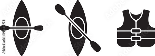Kayaking and safety equipment icons for water sport and boating adventure