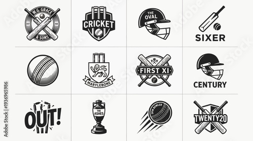 Cricket Icons Vector Set | Wicket Bats Helmet Ball Jersey Cap Gloves Championship Logo | Black and White Sports Equipment Vector Art for Cricket Design Collection