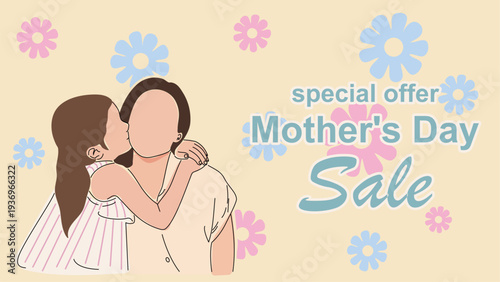 Daughter kissing her mother with flowers and Mother's Day sale text, flat vector banner for seasonal promotions, greeting cards, retail ads, and social media campaigns.