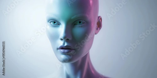 Futuristic AI Android Face Portrait With Soft Blue and Pink Neon Lighting