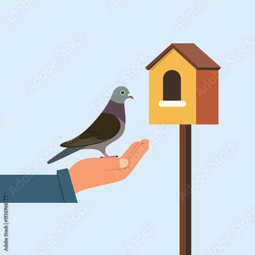 Vector minimalist illustration of an orange-sleeved hand releasing a  bird toward yellow birdhouse
