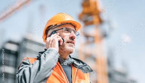 A construction worker wearing safety gear talks on a mobile phone at a building site with cranes in the background.