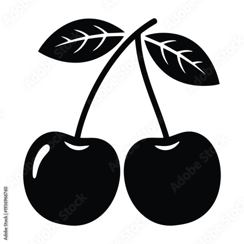 Two ripe cherries with green leaves and stems attached isolated on a clean white background showcasing vibrant red color and freshness ideal for food and health concepts