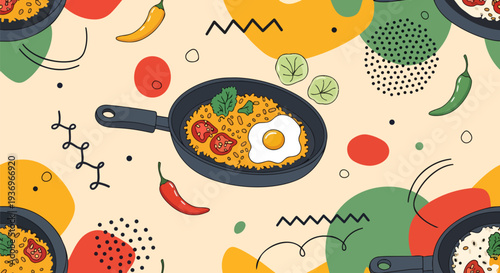Traditional Nasi Goreng Seamless Background: Playful Memphis Design with Pan and Chili Icons