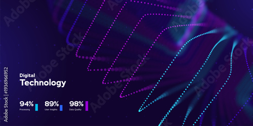 Digital Technology Big Data Background With Colorful Neon Particle Stack And UI Dashboard Elements On Dark Background. Digital Technologies Futuristic Background. Vector Illustration.