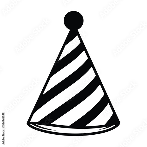 Black and white striped party hat with a rounded top and elastic chin strap for celebrations