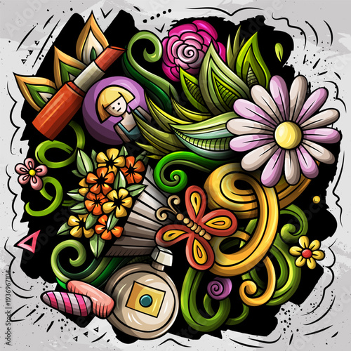 Happy Womens Day cartoon doodles illustration. Spring Holiday funny objects and elements design. Creative colorful vector background.