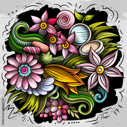 Happy Womens Day cartoon doodles illustration. Spring Holiday funny objects and elements design. Creative colorful vector background.