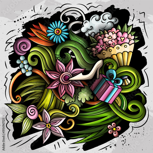 Happy Womens Day cartoon doodles illustration. Spring Holiday funny objects and elements design. Creative colorful vector background.