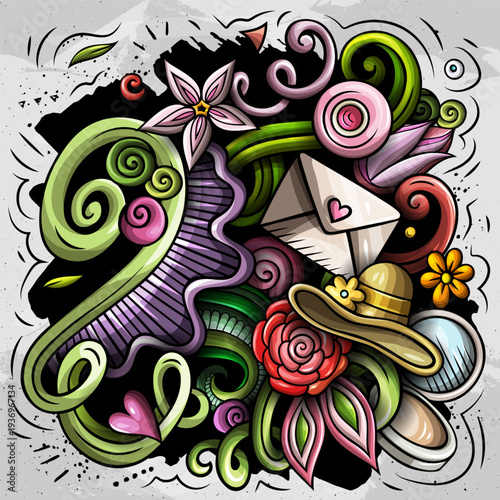 Happy Womens Day cartoon doodles illustration. Spring Holiday funny objects and elements design. Creative colorful vector background.