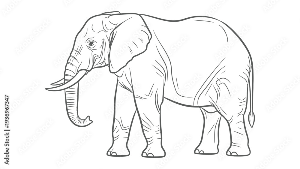 Fototapeta premium Majestic Elephant: A detailed line drawing of a majestic elephant, showcasing the animal's powerful form and unique features.