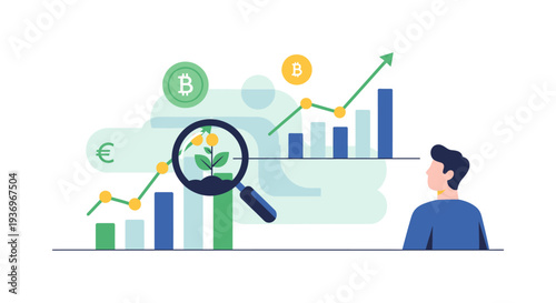 Investment Growth Strategy Analysis: Businessman Observing Financial Chart, ROI Magnified View, and Cryptocurrency Market Trends.