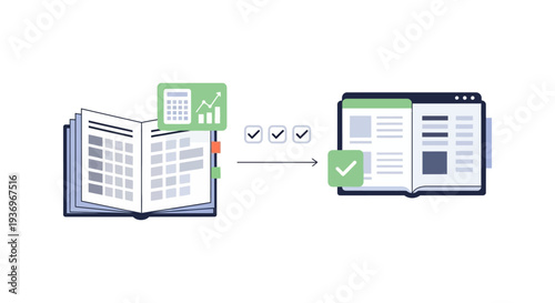 Accounting and Auditing Workflow Process. Financial Data Validation and Report Transformation Illustration.