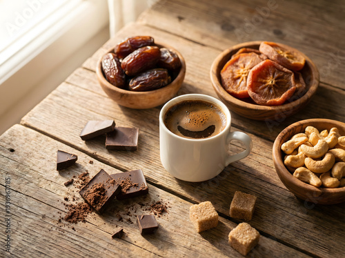 Strong black coffee with foam in a white cup, and various treats: cashews, dried persimmons, dates, dark chocolate, and brown lump sugar. On a wooden countertop.